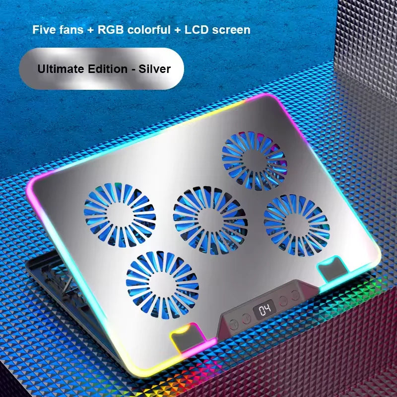 2026 New Hot Seller Metal RGB Light Gaming Effect Air-Cooled Five Fans Folding Laptop Cooler Stand High Performance 17'' Stock