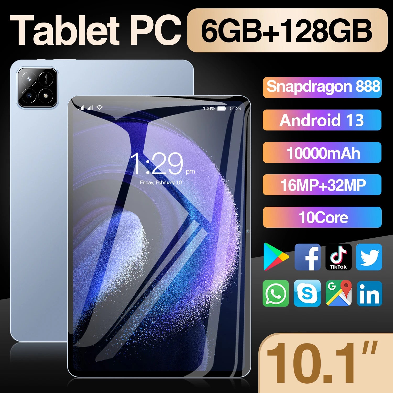 High Configuration 6GB+128GB Android 13.0 Sim Card Big Screen 10.1inches Tablet Pad 6s Business Gaming GPS 5G PC Tablets