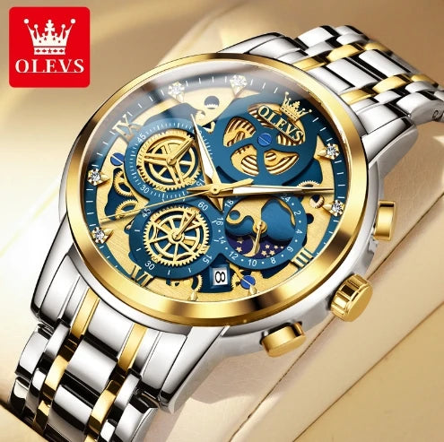 OLEVS 9947 Men's Watches Top Brand Chic Original Waterproof Quartz Watch for Man Gold Skeleton Style 24 Hour Day Night Clock