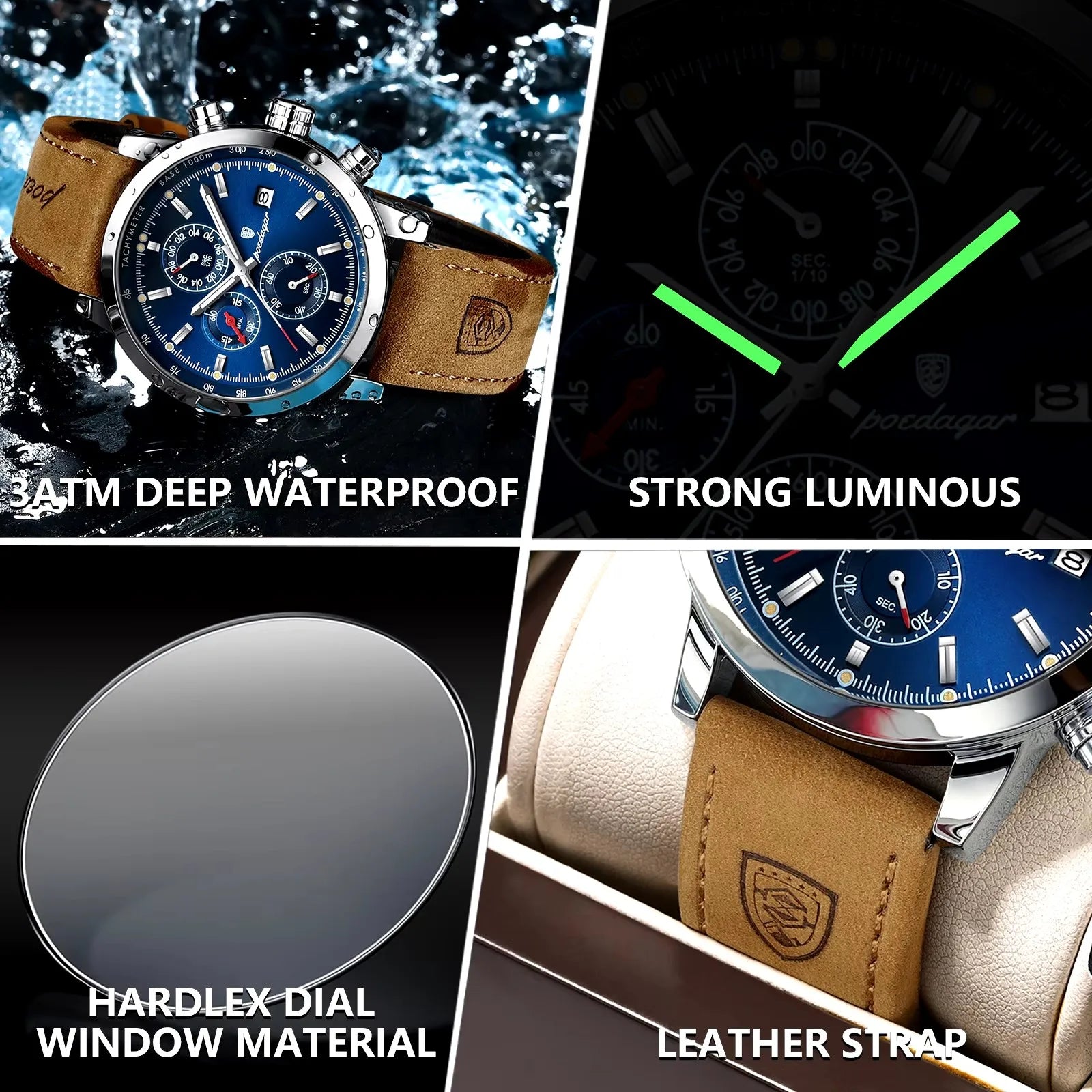 POEDAGAR 932 Men's Watches Casual Fashion Quartz Watch for Man Waterproof Leather Luminous Date Chronograph New
