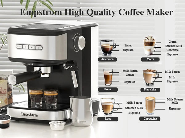 Empstorm 2 in 1 Capsule and Powder Semi-Automatic Coffee Machine Makes Espressos Lattes Cappuccinos for Office Home Hotel Use