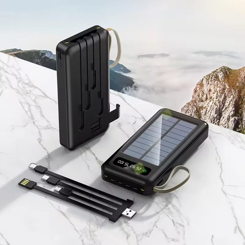 Lanyard Design Comes with Mobile Phone Holder 2USB Output 1 to 4 Output Charging Cable 30000mah Solar Power Bank