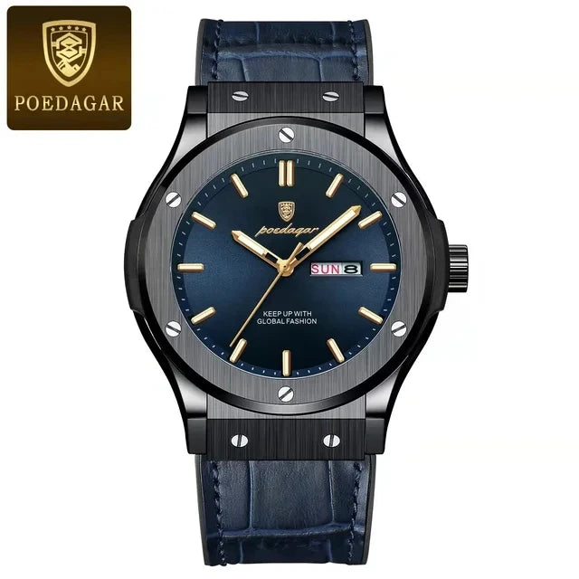 POEDAGAR Fashion Men's Watches Trend Classic Classic Quartz Watch for Man Waterproof Luminous Week Date Wristwatch Leather 952