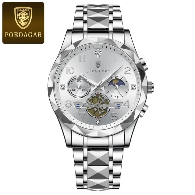 POEDAGAR 972 New Sports Watch Men Stainless Steel Man Quartz Wristwatch Waterproof Luminous Chronograph Men's Watches