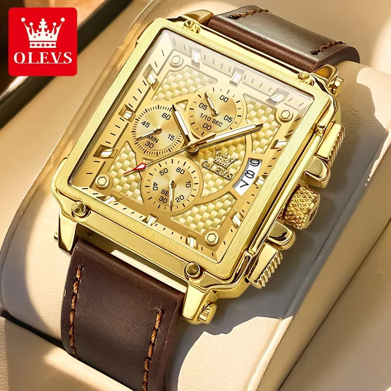 OLEVS Men's Watches 9925 Gold Black Square Quartz Watch Men Classic Leather Strap Fashion Waterproof Chronograph Wristwatch