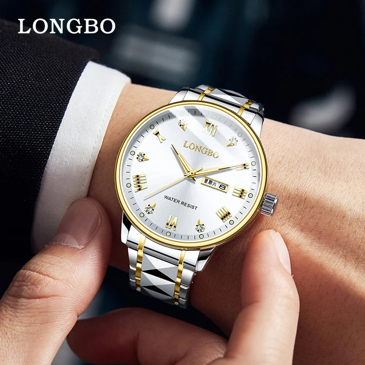 LONGBO 83702 New Arrival Quartz Men Watch Fashion Classic Stainless Steel Diamond Dial Gold Belt Dual Calendar for Men's Watches