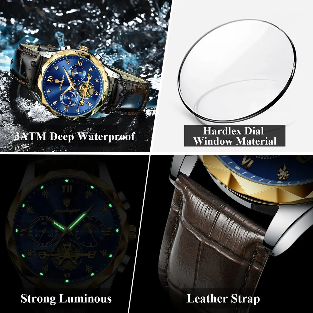 POEDAGAR 996 Luxury Business Man Wristwatch Leather Men's Watches Waterproof Luminous Male Watch for Men Quartz Clock Reloj