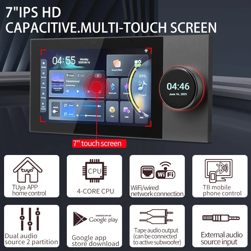 Smart Home Background Music System 7 Inch Tuya Android 11 Control Panel  Inwall Amplifier Home Theater Mini Audio System