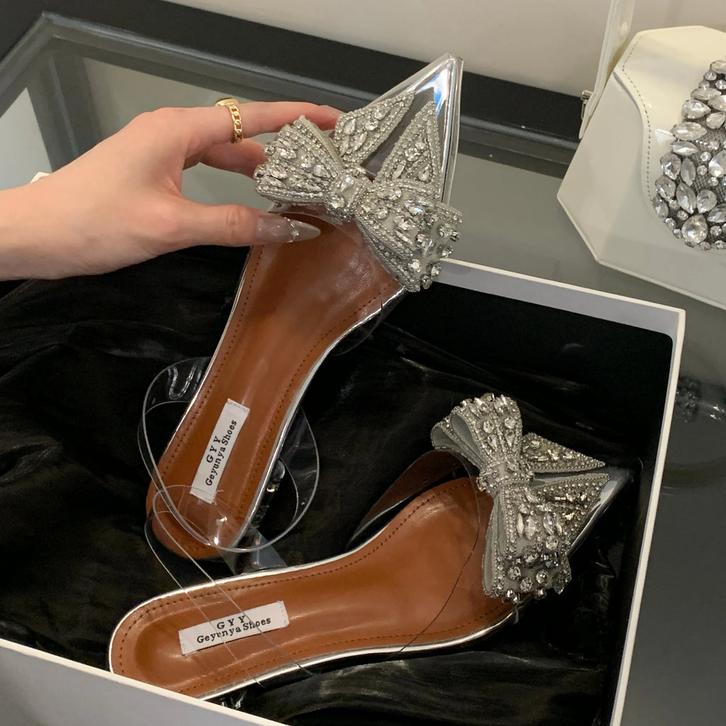 Luxury Silver Sandals Ladies Pointed toe Clear PVC Flat Heel Women Slingback With Rhinestone for Wedding Party Shoes