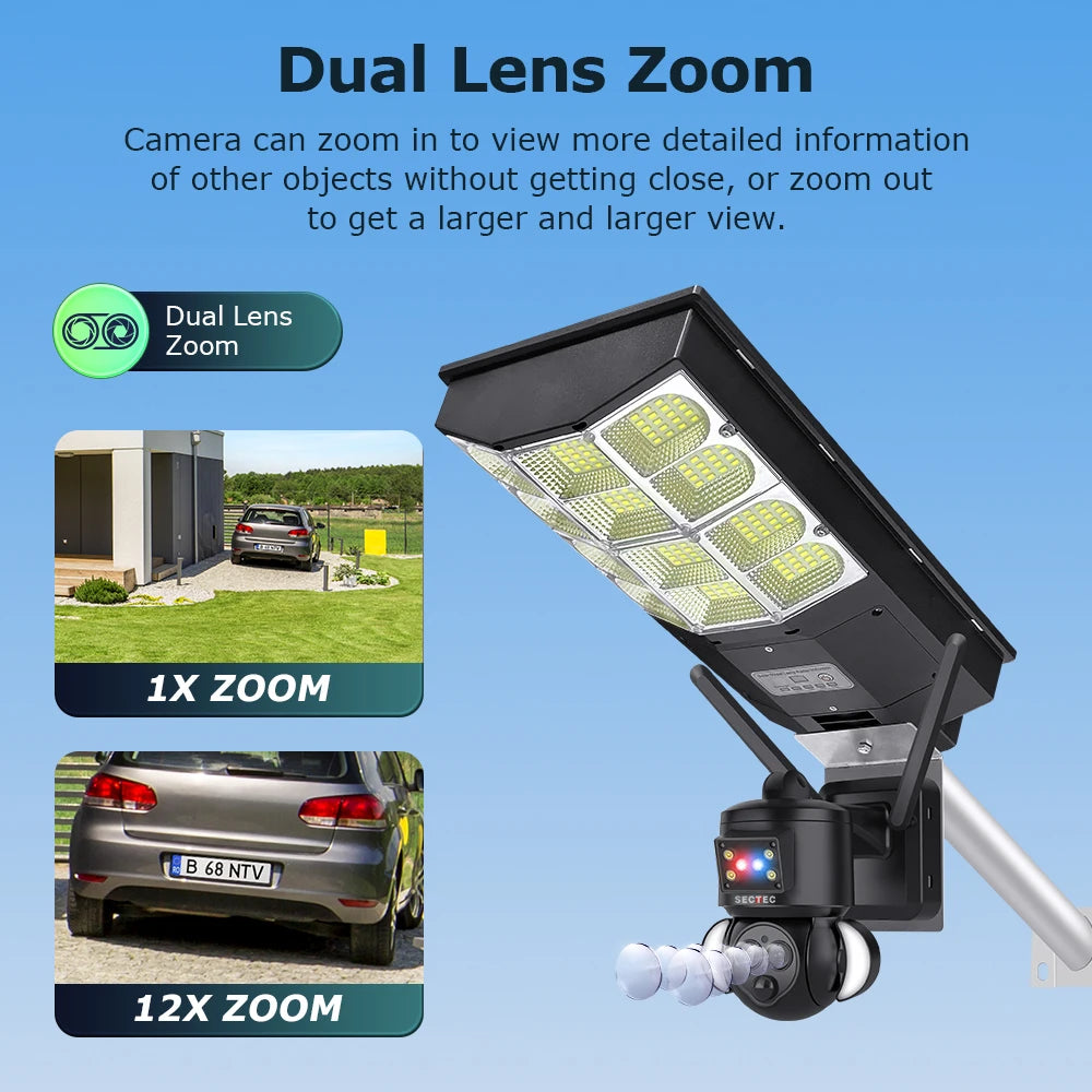 SECTEC Solar Street Light 12X Zoom 15W Solar 4G Camera All in One Security IP66 Camera Home Garden LED Outdoor CCTV Wifi Camera