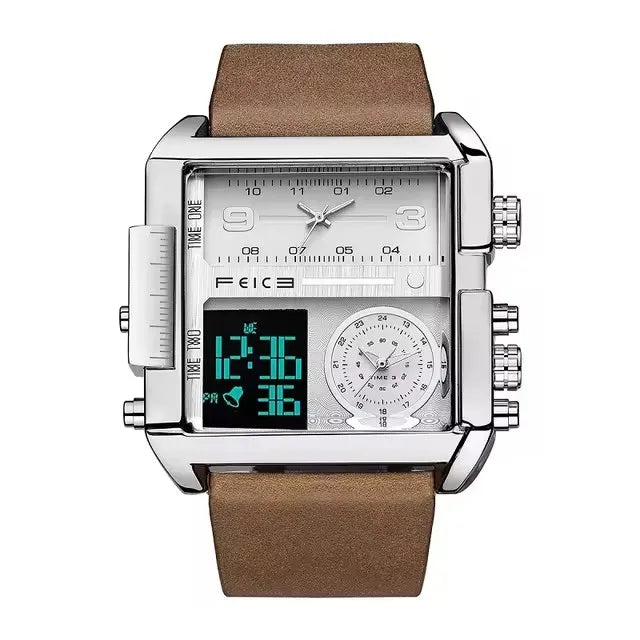FELCE FK030 New Wristwatch Business Digital LED Leather Men's Watches Men Big Square Dial Analog Quartz 30M Waterproof Watches