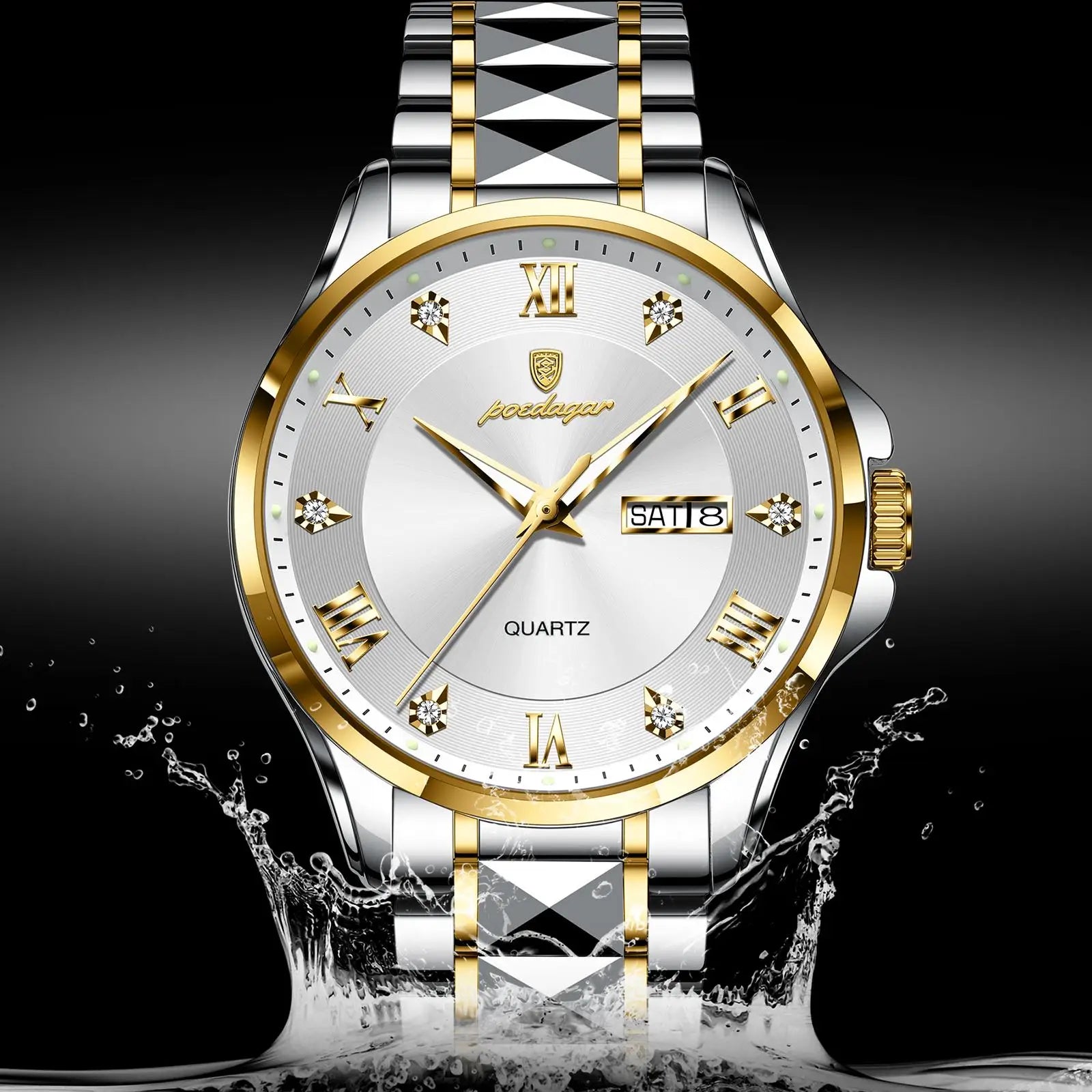 POEDAGAR 883 Date Week Man Wristwatch Stainless Steel Belt Fashion Men Clock Waterproof Luminous Quartz Men's Watches Male Reloj