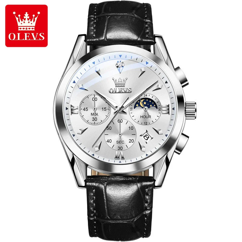 OLEVS New TOP Luxury 3609 Band Wristwatch Men Leather Strap Watch Men Auto Date Chronograph Moon Phase Waterproof Men's Watches