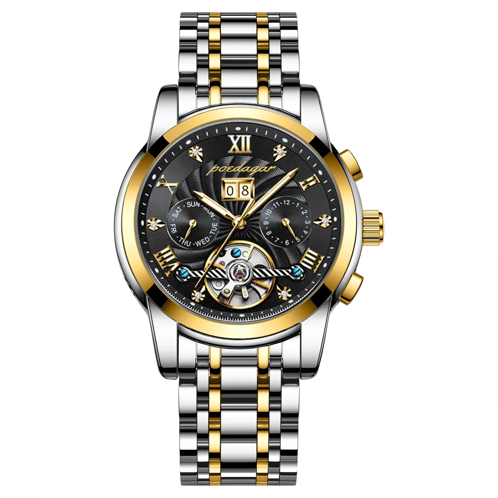 POEDAGAR 1408 Mechanical Men Wrist Watch Waterproof Luxury Hollow Tourbillon Automatic Date Stainless Steel Belt Men's Watches