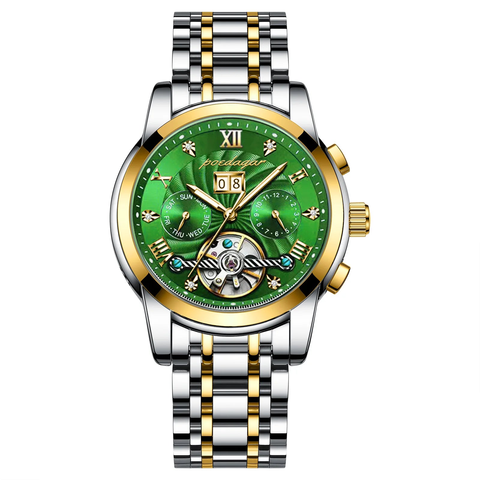 POEDAGAR 1408 Mechanical Men Wrist Watch Waterproof Luxury Hollow Tourbillon Automatic Date Stainless Steel Belt Men's Watches