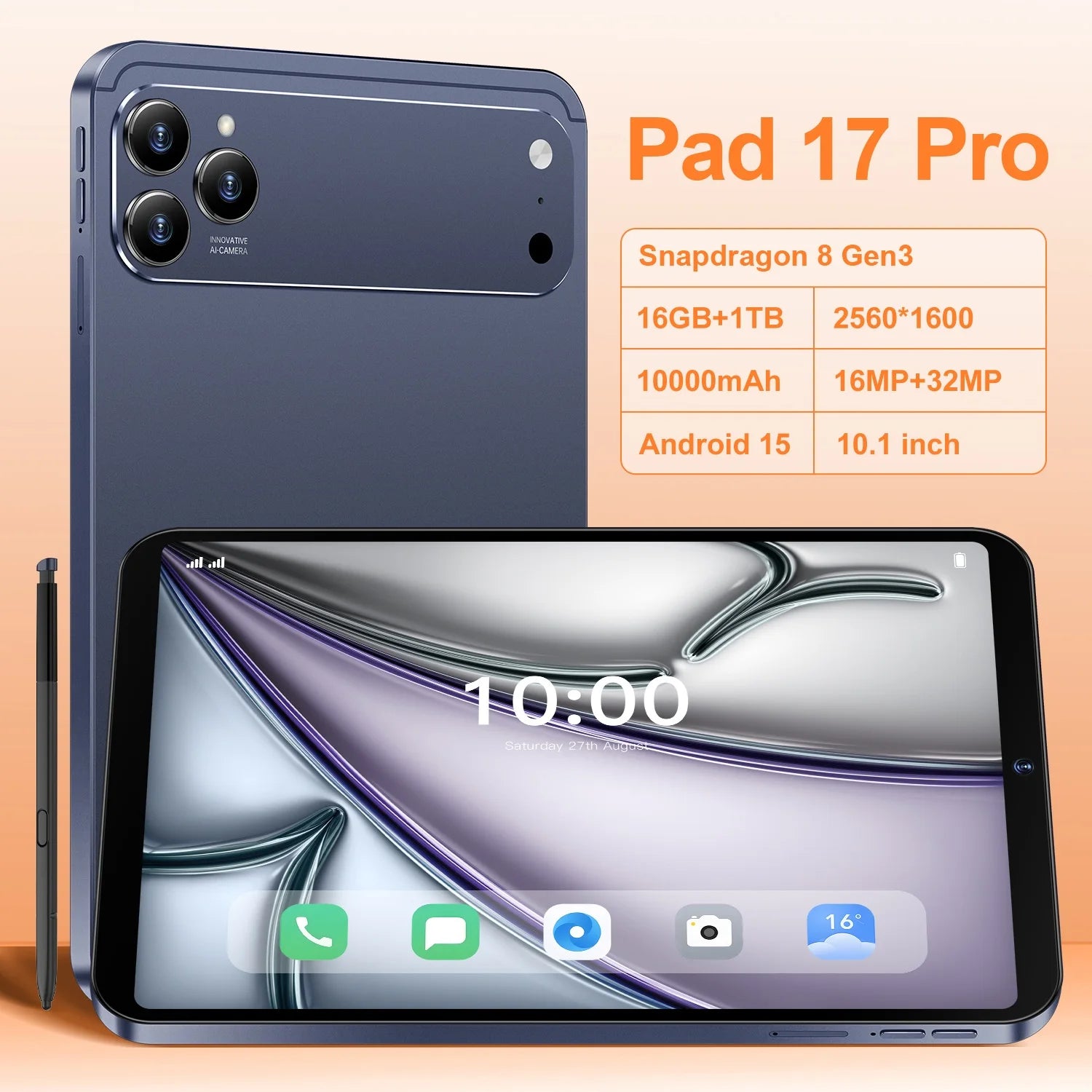 New Pad 17 Pro Educational Tablet PC 10.1" 2560x1600 Capacitive Screen 16GB Storage 5G/4G/3G/Wi-Fi Android 15 Dual Core 1.5GHz
