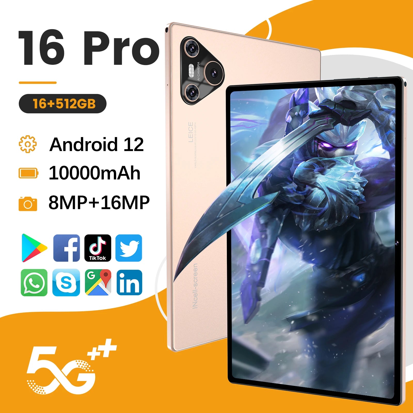 Dual Sim+sd Expandable Pad 16 Pro 5g 10.1'' 2560*1600 16gb+1tb 10000mah 8mp+16mp Android 14 Gps 8 Gen3 Tablet