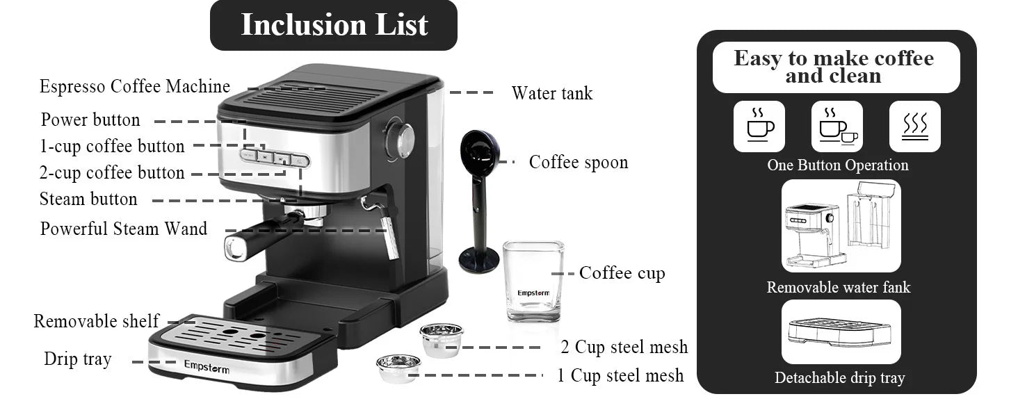 Empstorm Electric Espresso Machine Semi-Automatic Coffee Maker with for Office Home Use Stock in the US Local