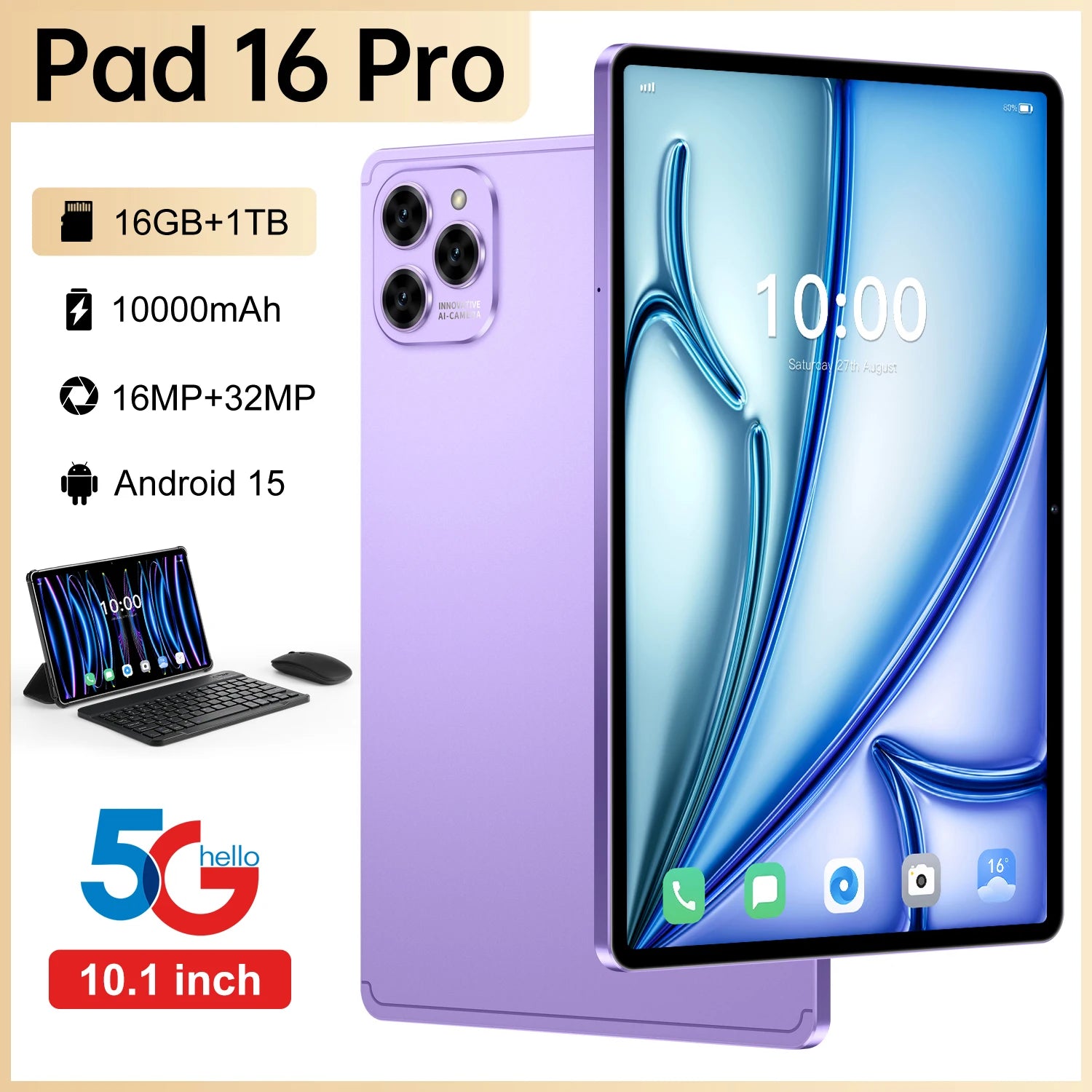Hot-Selling 10.1" HD Octa Core Android 15 Tablet PC 16 Pro 16MP+32MP MTK 4G/5G 16GB Capacitive Screen
