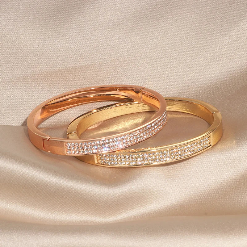 New Elegant Classic Crystal Cuff Bangles Bracelets For Women Gold Color Simple Femal Opening Bangles Wedding Jewelry Accessories
