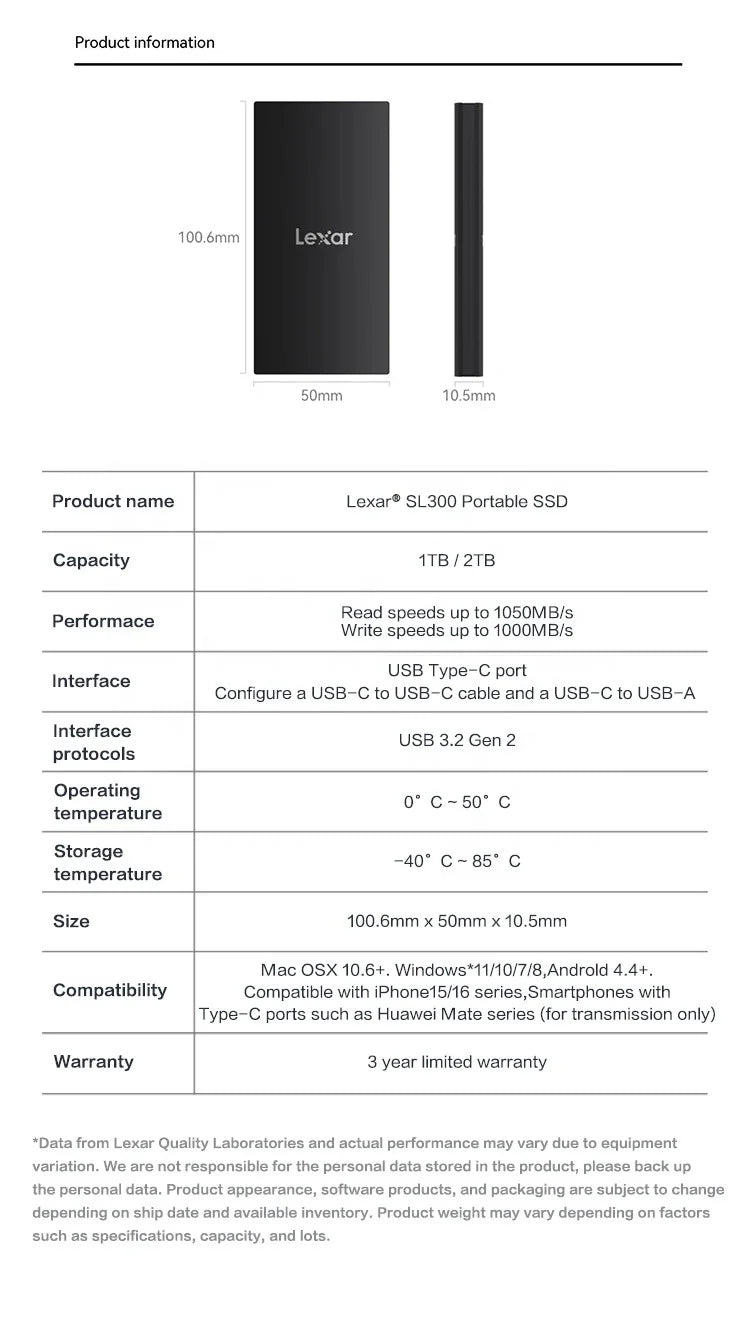 Lexar SL300 External SSD 1TB USB 3.2 Gen 2 Solid State Disk High Speed 1050MB/s Portable SSD 2TB Hard Drive for Desktop Laptop