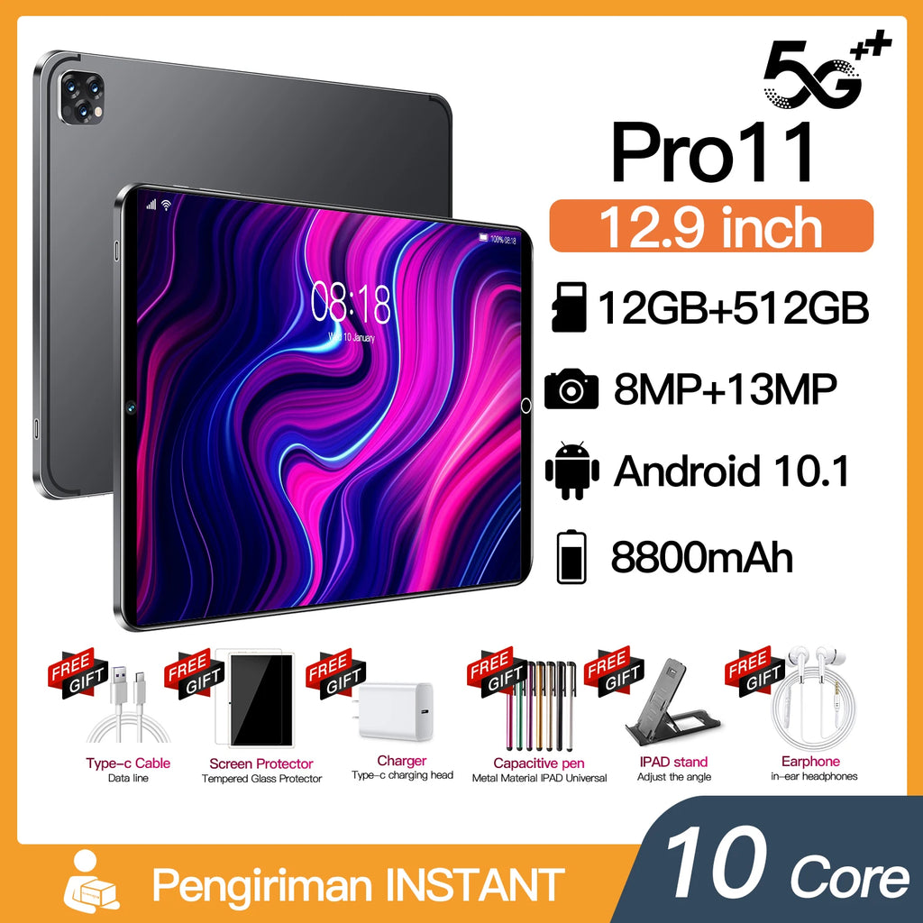 Pro11 12.9-Inch Tablet with 12GB+512GB 5G Dual Sim GPS 8MP+13MP Cameras MTK Processor for Students and Business Factory New