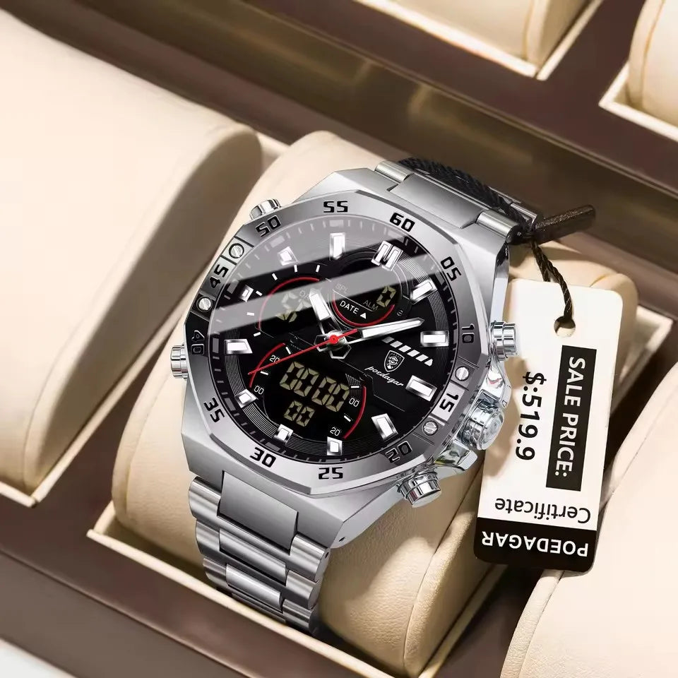 POEDAGAR E101 Man Waterproof Luminous Hand Date Watch Men's Watches Quartz Digital Electronic Stainless Steel Wristwatch for Men