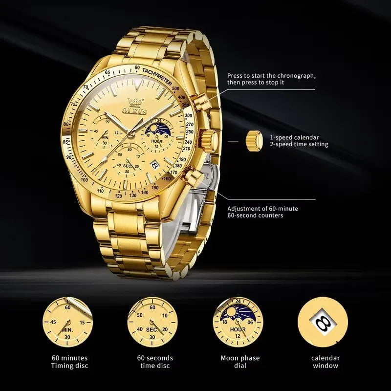 OLEVS Watch for Men 3618 Quartz Stainless Steel Waterproof Moon Phase Chronograph Man Wrist Watch Calendar Men's Watches Montre