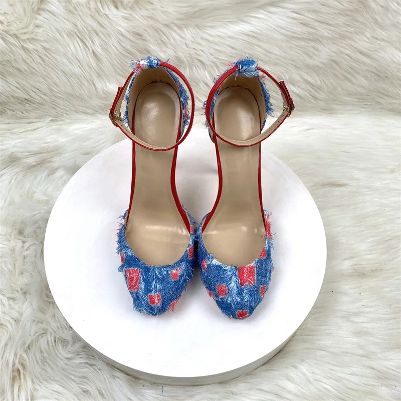 2025 Customized Denim Sandals for Women Red Bottom Stilettos 10CM 12CM New High Thin Heels Pointed Toe Style Autumn Waterproof
