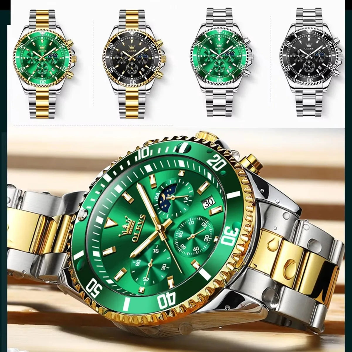 OLEVS 2870 Luxury Quartz Watch for Men Stainless Steel Waterproof Top Men's Watches Moon Phase Date Chronograph Sports Man Watch