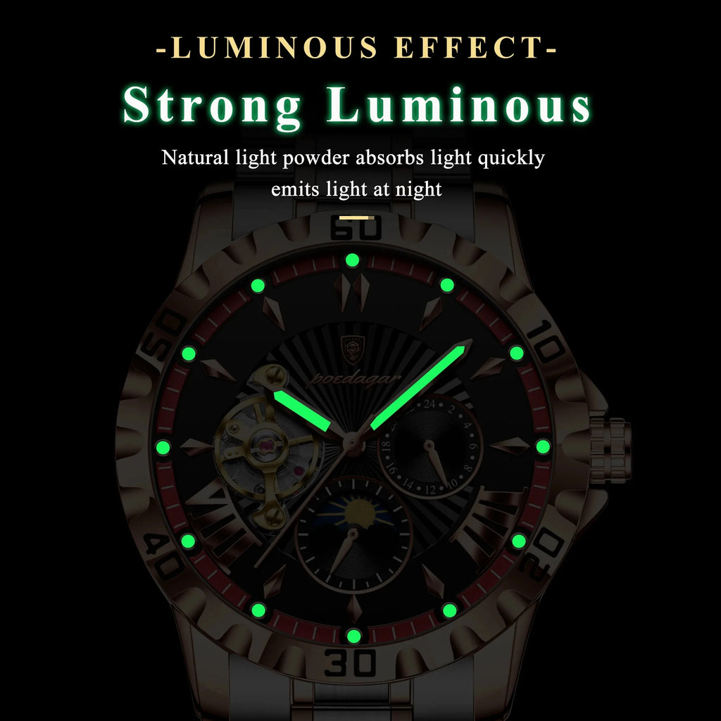 POEDAGAR 1415 Mechanical Watch Multi-functional Moon Phase Original Stainless Steel Automatic Luminous Waterproof Men's Watches