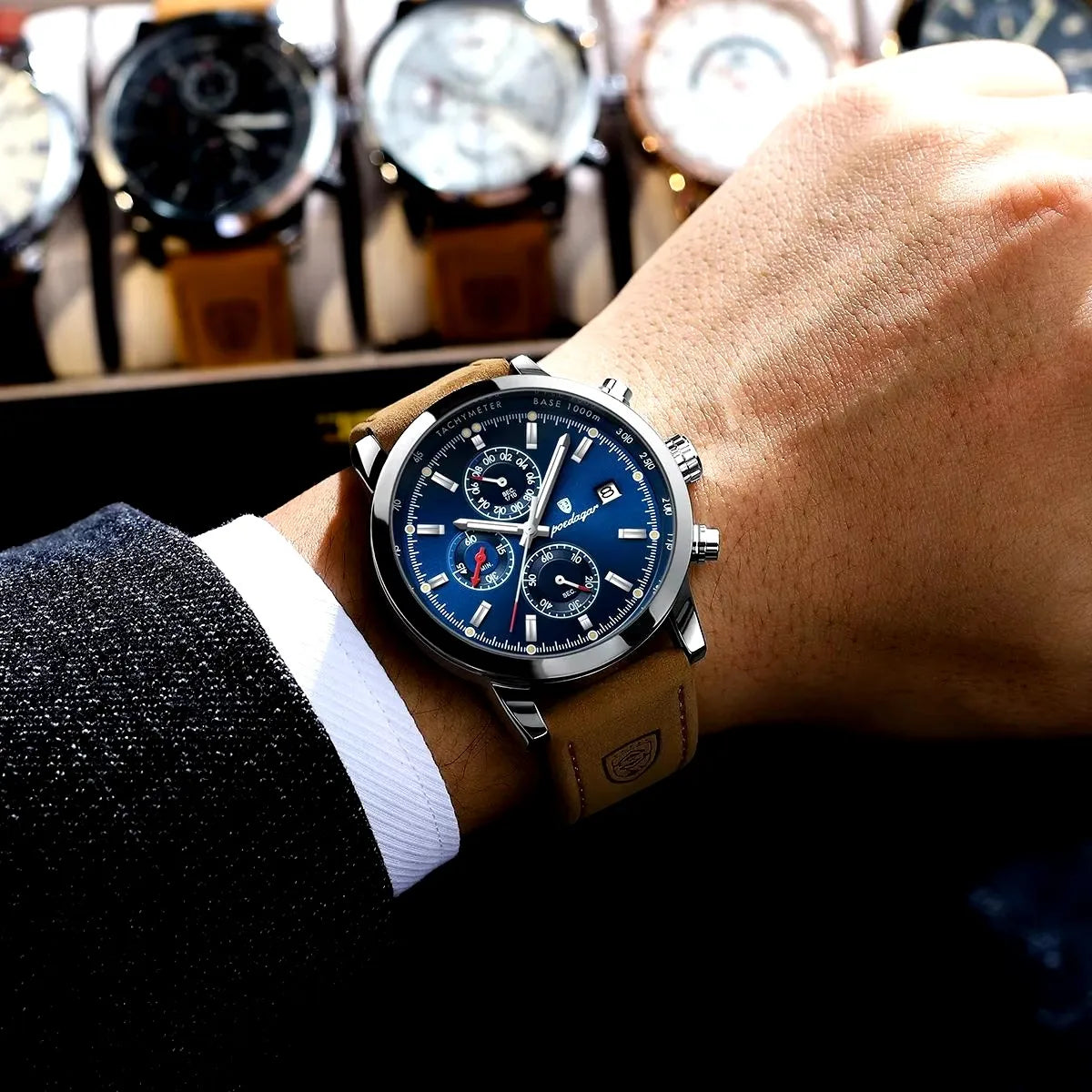 POEDAGAR 932 Men's Watches Casual Fashion Quartz Watch for Man Waterproof Leather Luminous Date Chronograph New