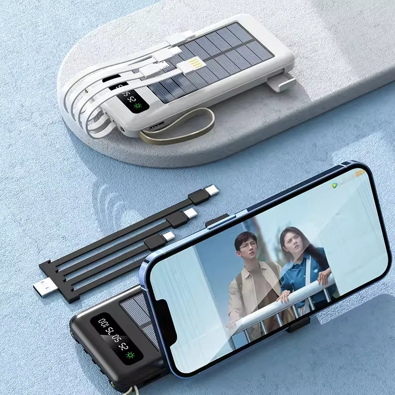 Lanyard Design Comes with Mobile Phone Holder 2USB Output 1 to 4 Output Charging Cable 20000 MAh Solar Power Bank