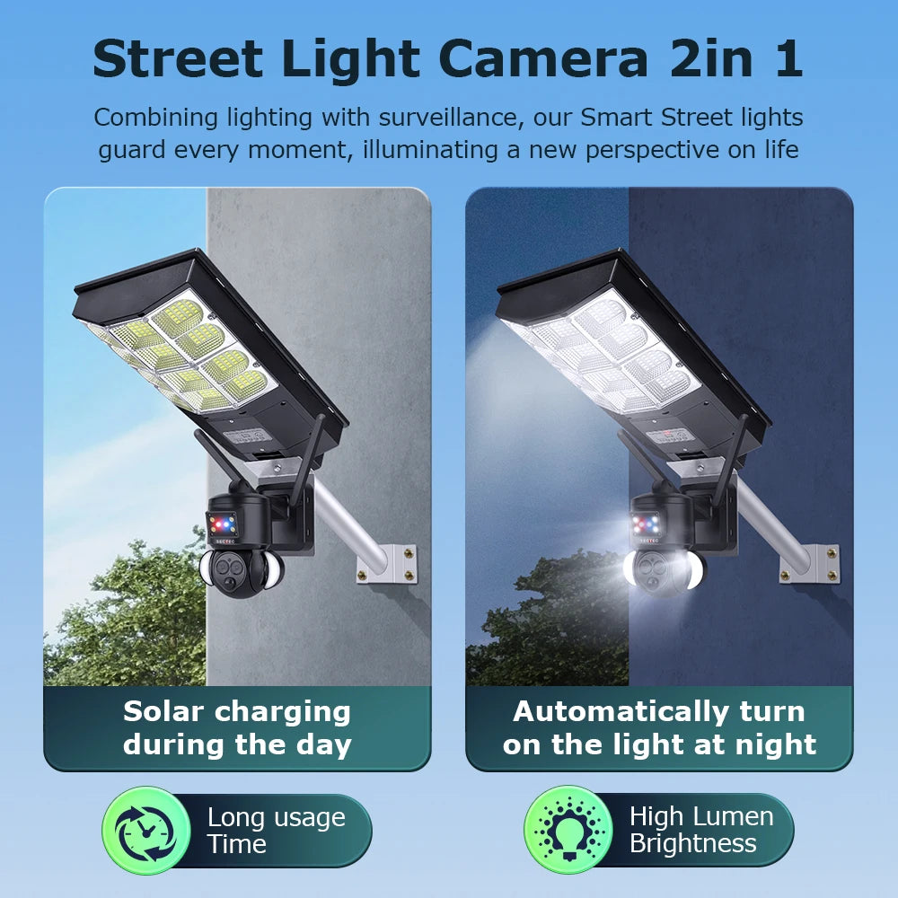 SECTEC Solar Street Light 12X Zoom 15W Solar 4G Camera All in One Security IP66 Camera Home Garden LED Outdoor CCTV Wifi Camera