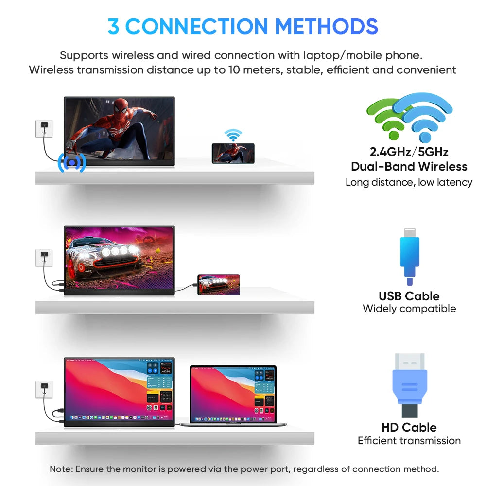 OEM 15.6-Inch Wireless WiFi Miracast IPS Portable Gaming Monitor 1080P UHD LCD Full Screen Type-C USB Adjustable Folding Stand