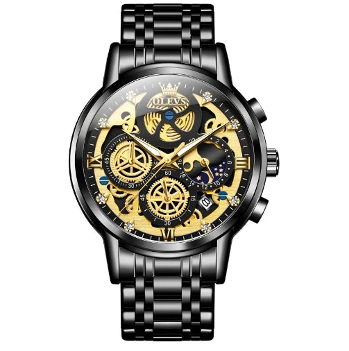 OLEVS 9947 Men's Watches Top Brand Chic Original Waterproof Quartz Watch for Man Gold Skeleton Style 24 Hour Day Night Clock