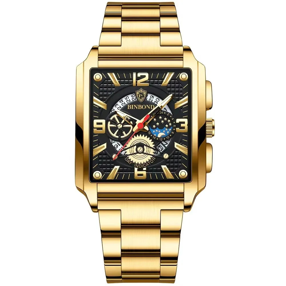 Binbond B6575 6575 Casual Square Waterproof Watch Stainless Steel Quartz Wrist Genuine Leather Belt Luminous Hands Men's Watches