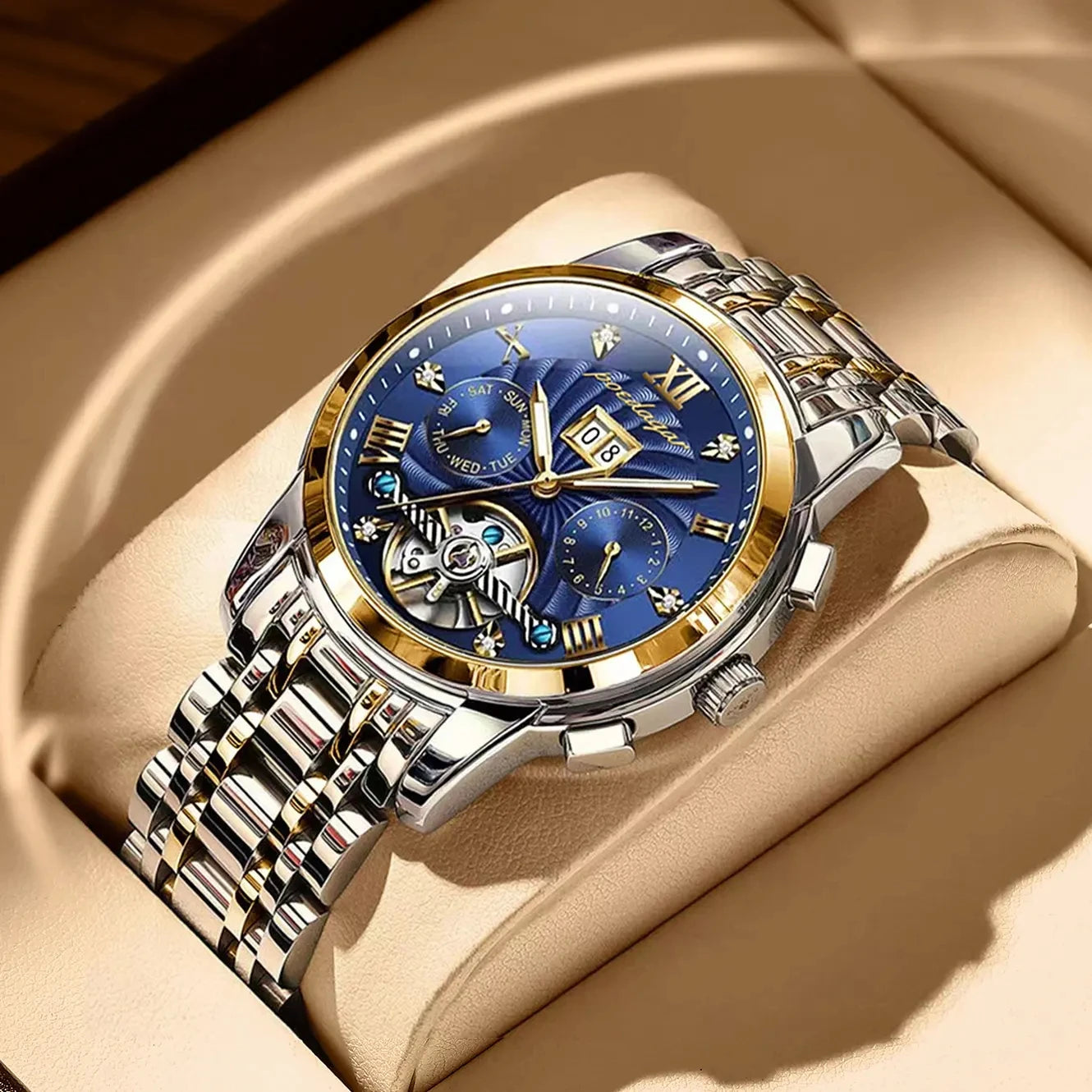 POEDAGAR 1408 Mechanical Men Wrist Watch Waterproof Luxury Hollow Tourbillon Automatic Date Stainless Steel Belt Men's Watches