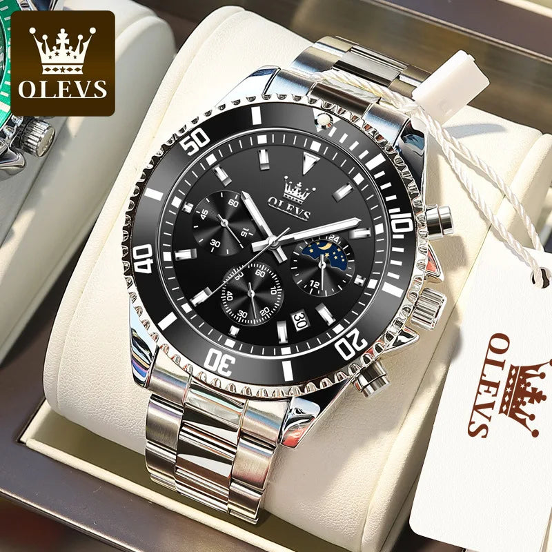 OLEVS 2870 Luxury Quartz Watch for Men Stainless Steel Waterproof Top Men's Watches Moon Phase Date Chronograph Sports Man Watch