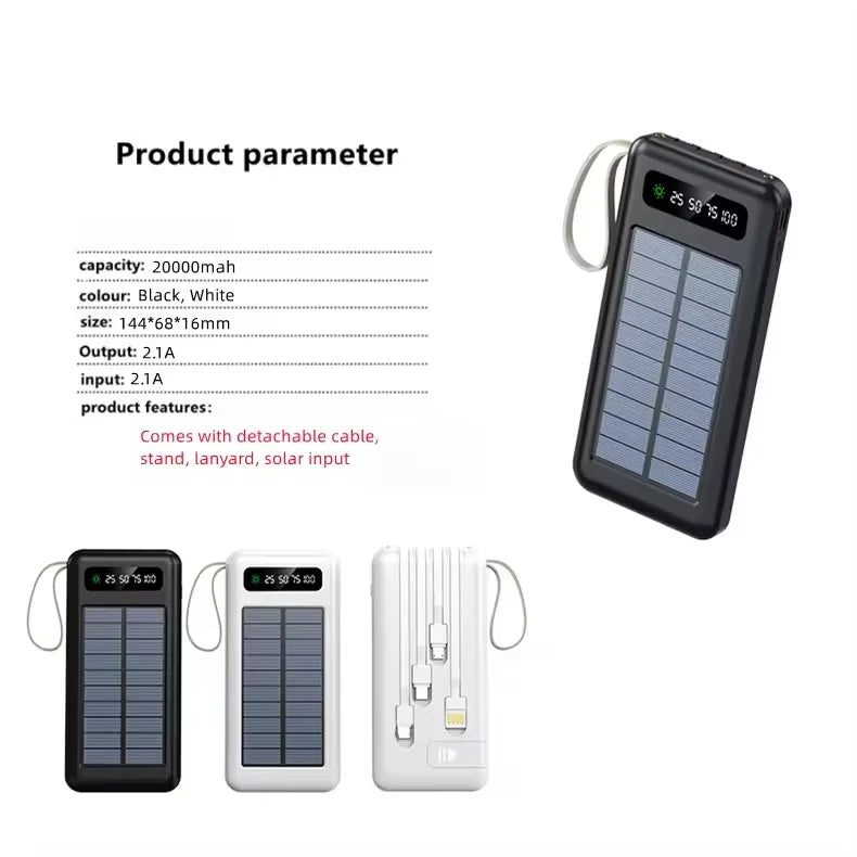 Lanyard Design Comes with Mobile Phone Holder 2USB Output 1 to 4 Output Charging Cable 20000 MAh Solar Power Bank