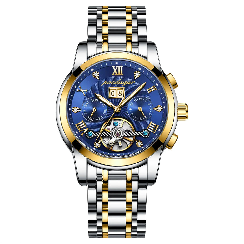 POEDAGAR 1408 Luxury Hollow Tourbillon Automatic Mechanical Men Wrist Watch Waterproof Date Stainless Steel Belt Men's Watches