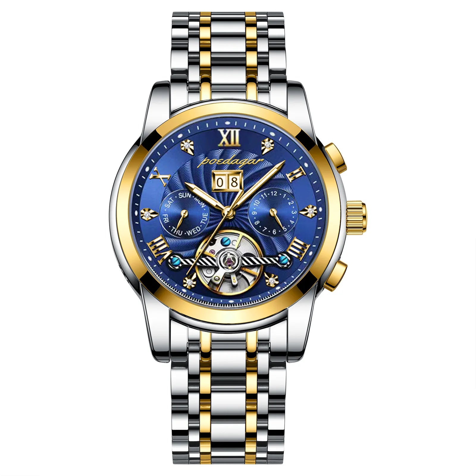POEDAGAR 1408 Waterproof Date Stainless Steel Belt Men's Watches Luxury Hollow Tourbillon Automatic Mechanical Men Wrist Watch