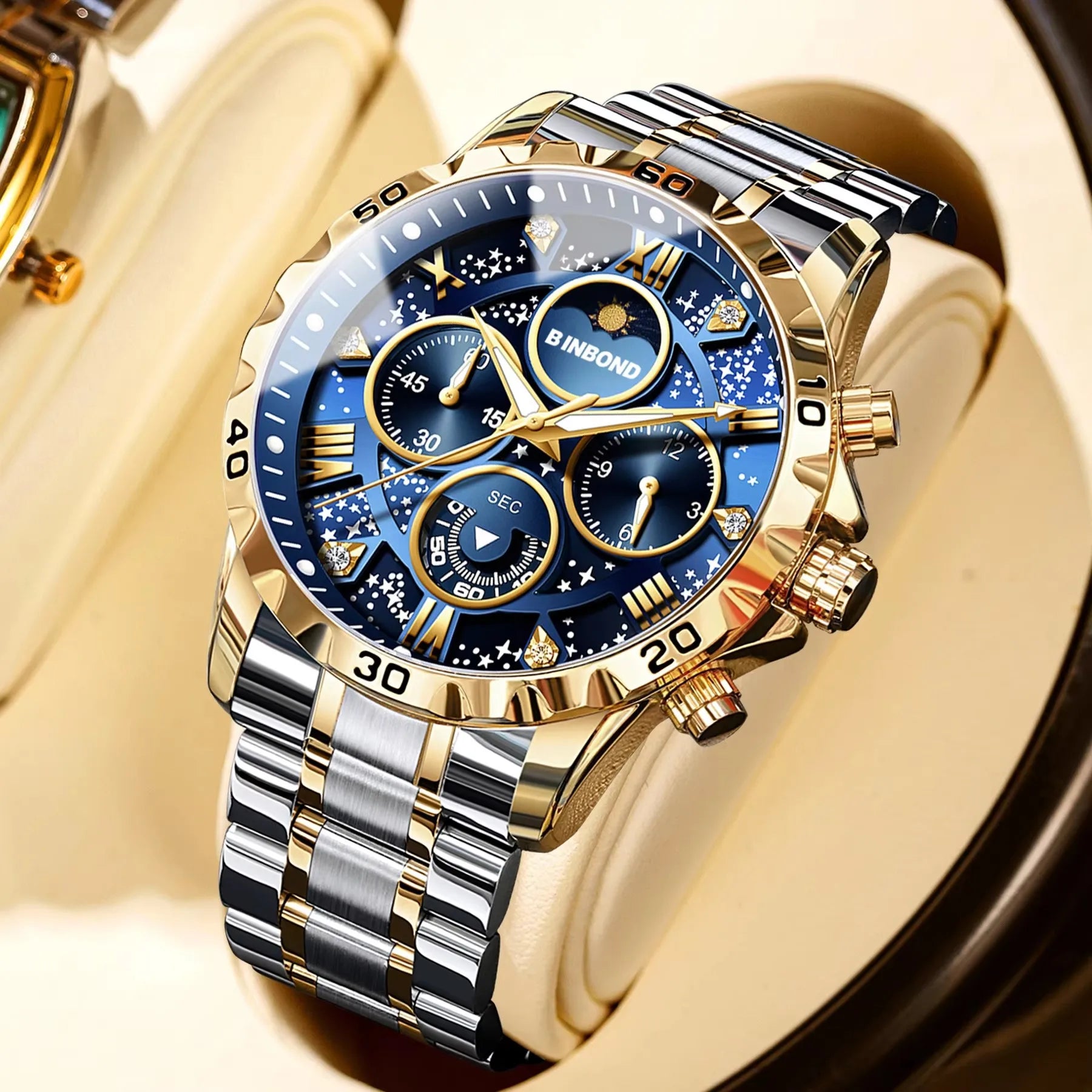 Binbond B7741 7741 Original Men Clock Sports Waterproof Luminous Chronograph Date Stainless Steel Quartz Men's Watches Reloj