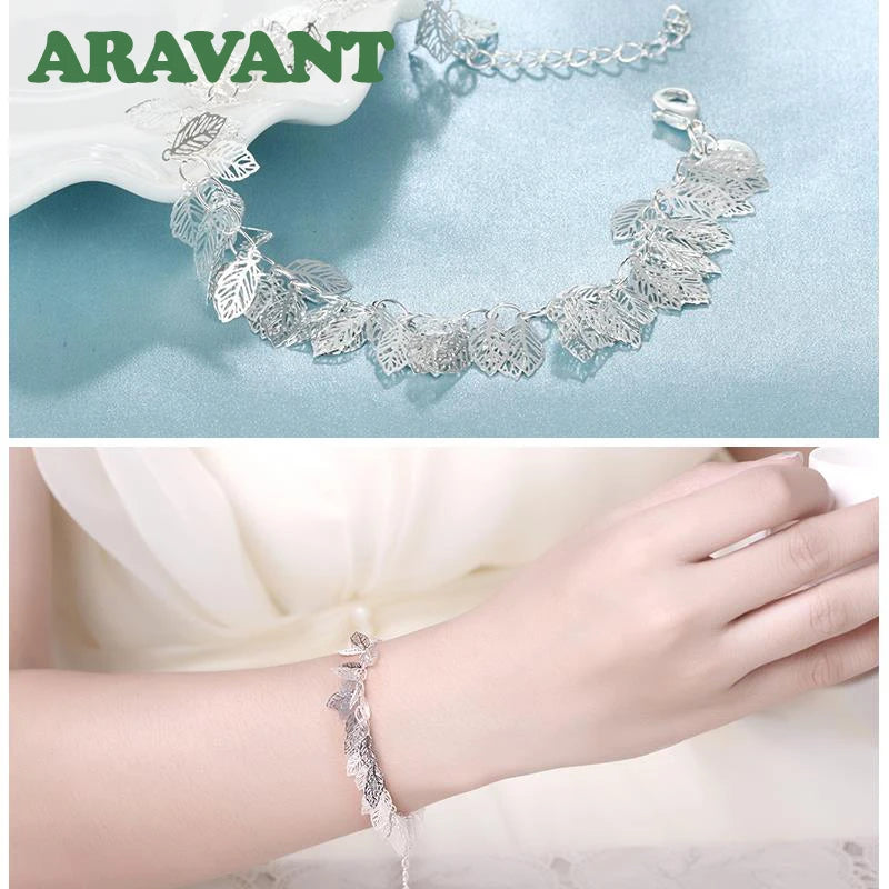 Aravant 925 Silver Multi Leaves Bracelet Chain For Women Fashion Jewelry Gifts