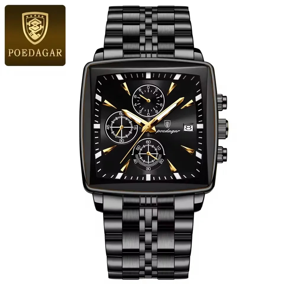 POEDAGAR 866 Fashion Square Sport Man Wristwatch Waterproof Luminous Chronograph Quartz Men's Watches Stainless Steel Men Watch