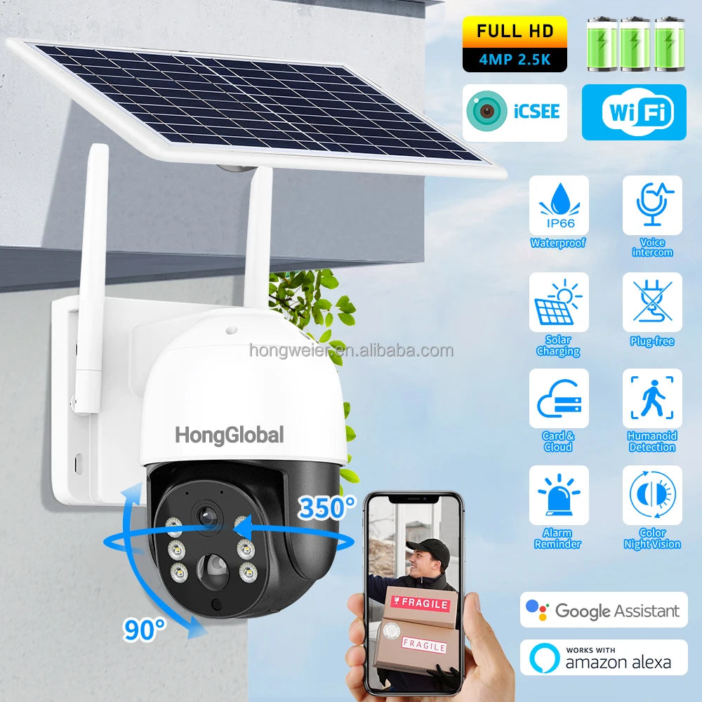 HongGlobal 4MP 360 Degree Outdoor Solar Powered Waterproof Wireless Surveillance WiFi PTZ Camera Solar CCTV Home Security Camera