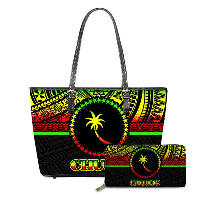 Hawaiian Flower Polynesian Design Print Women Handbags and Purses Set Customized Large Leather Tote Matching Long Zipper Wallet