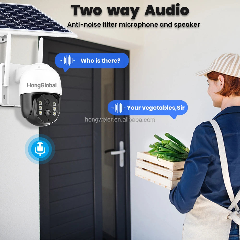 HongGlobal 4MP 360 Degree Outdoor Solar Powered Waterproof Wireless Surveillance WiFi PTZ Camera Solar CCTV Home Security Camera