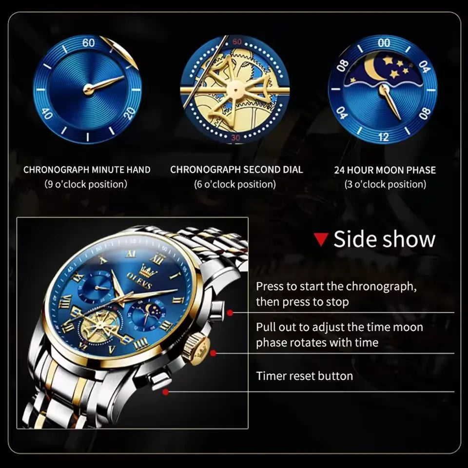 OLEVS 2856 Men's Watches Classic Multifunctional Flywheel Design Stainless Steel Waterproof Moon Phase Men's Wristwatches Trend