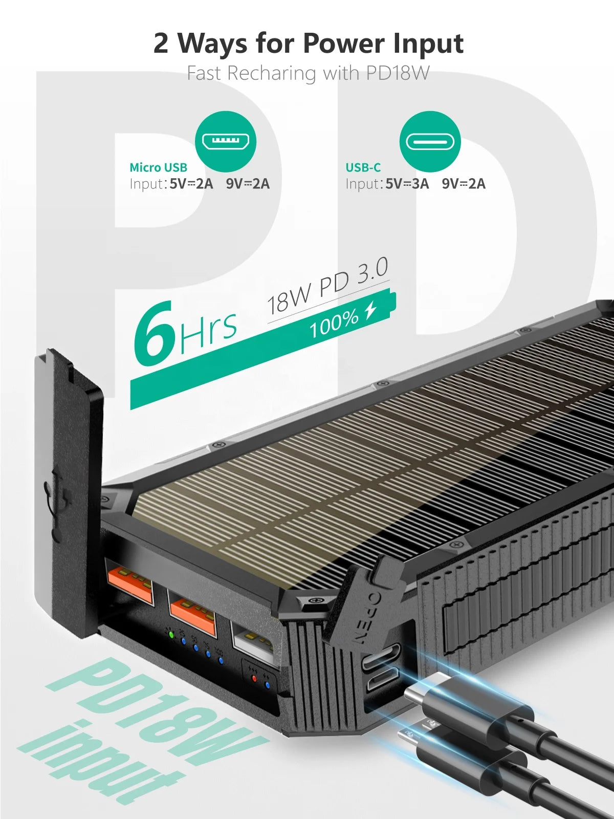 20000mAh Portable Solar Charger QC3.0 Fast Charging USB Type-C Micro USB IP66 Waterproof Camping Mobile Outdoor Solar Power Bank
